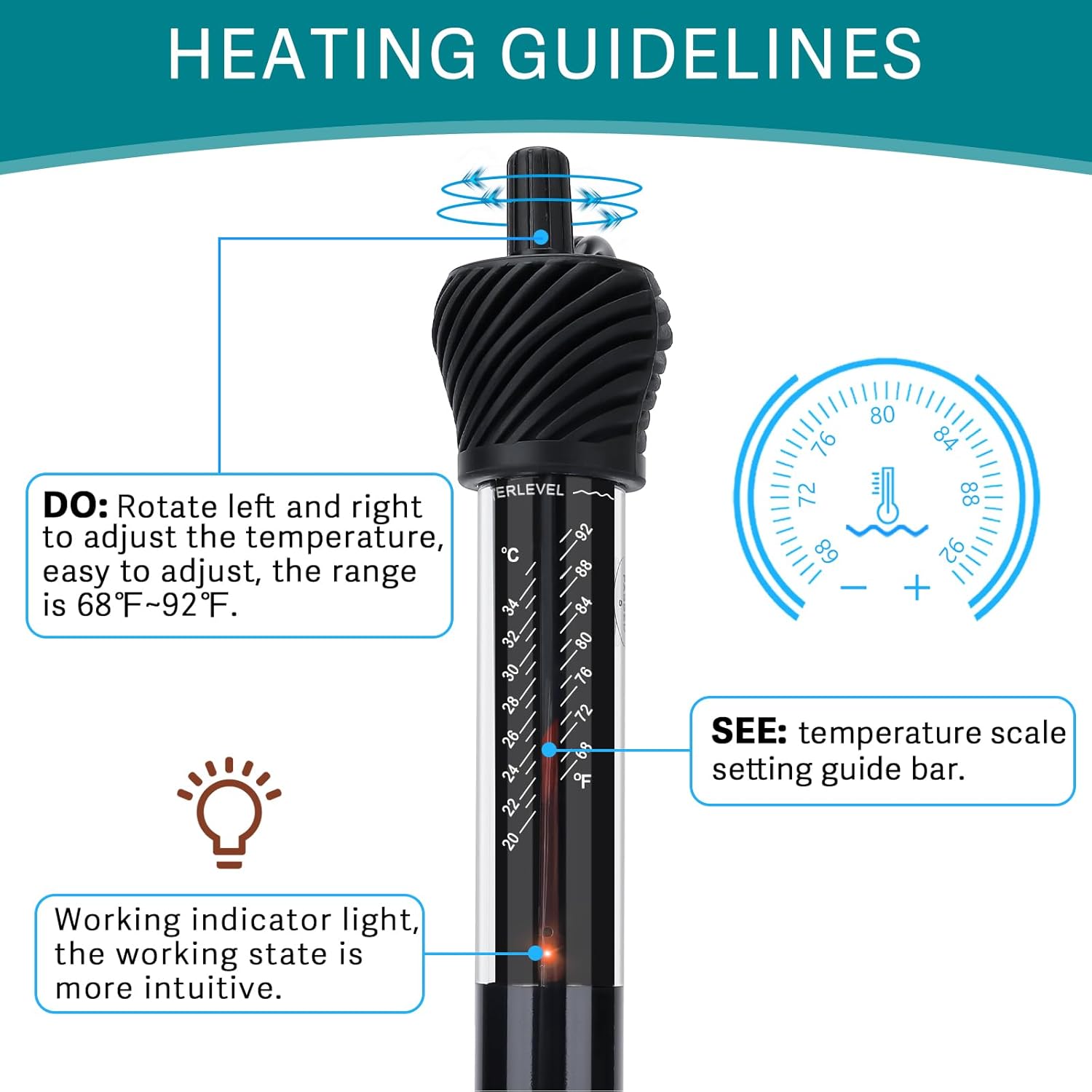hygger ETL Certification Aquarium Heater, 50W/100W/200W/300W Submersible Fish Tank Thermostat Heater with Firm Double Pair Suction Cups for Coral Saltwater and Freshwater Tank with Thermometer (50W)