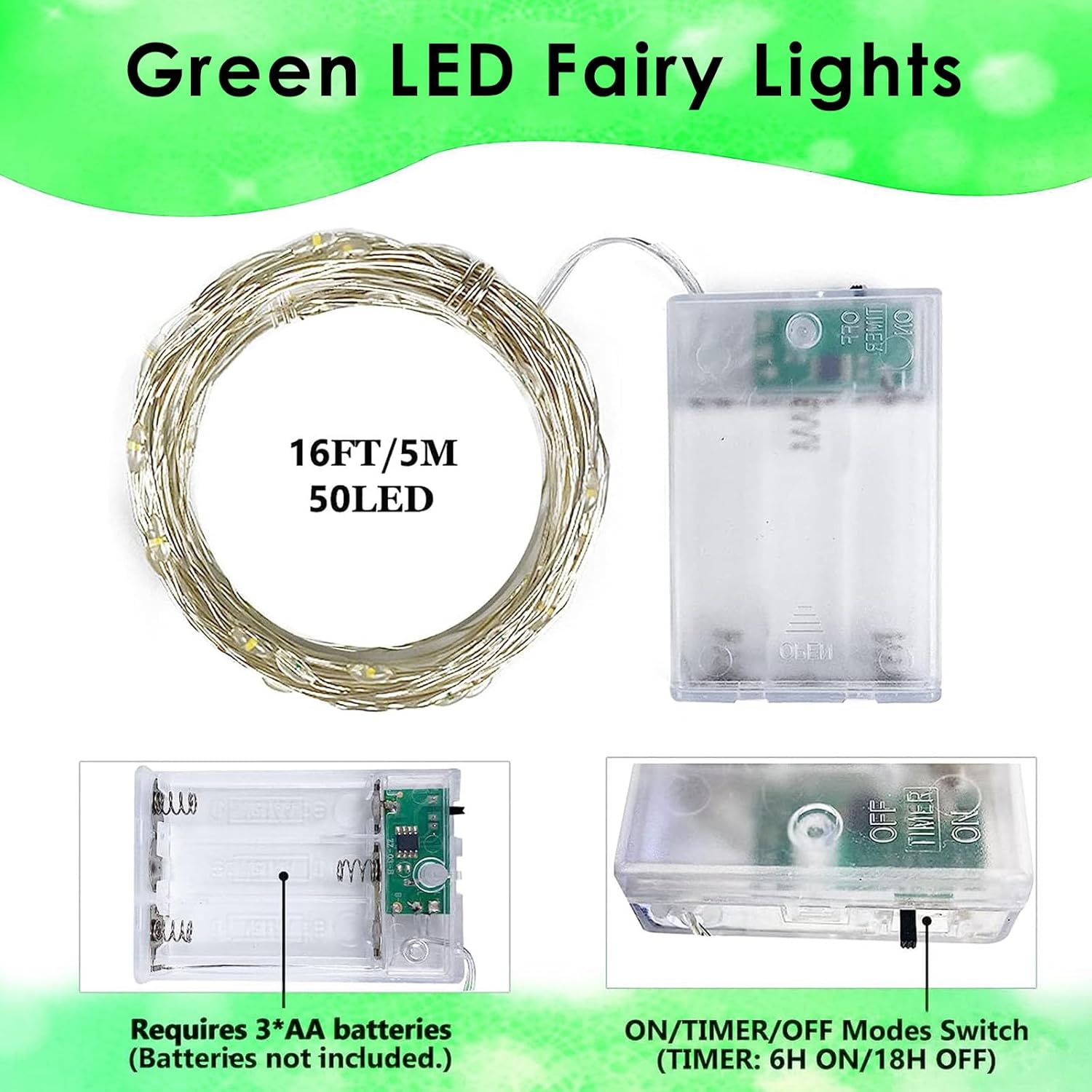 4 Pack 50 LED Fairy Lights Battery Operated with Timer, 16FT Waterproof Halloween Battery Lights Outdoor Indoor Starry Mini Led String Light for Halloween parties Bedroom Home DIY Decoration (Green)