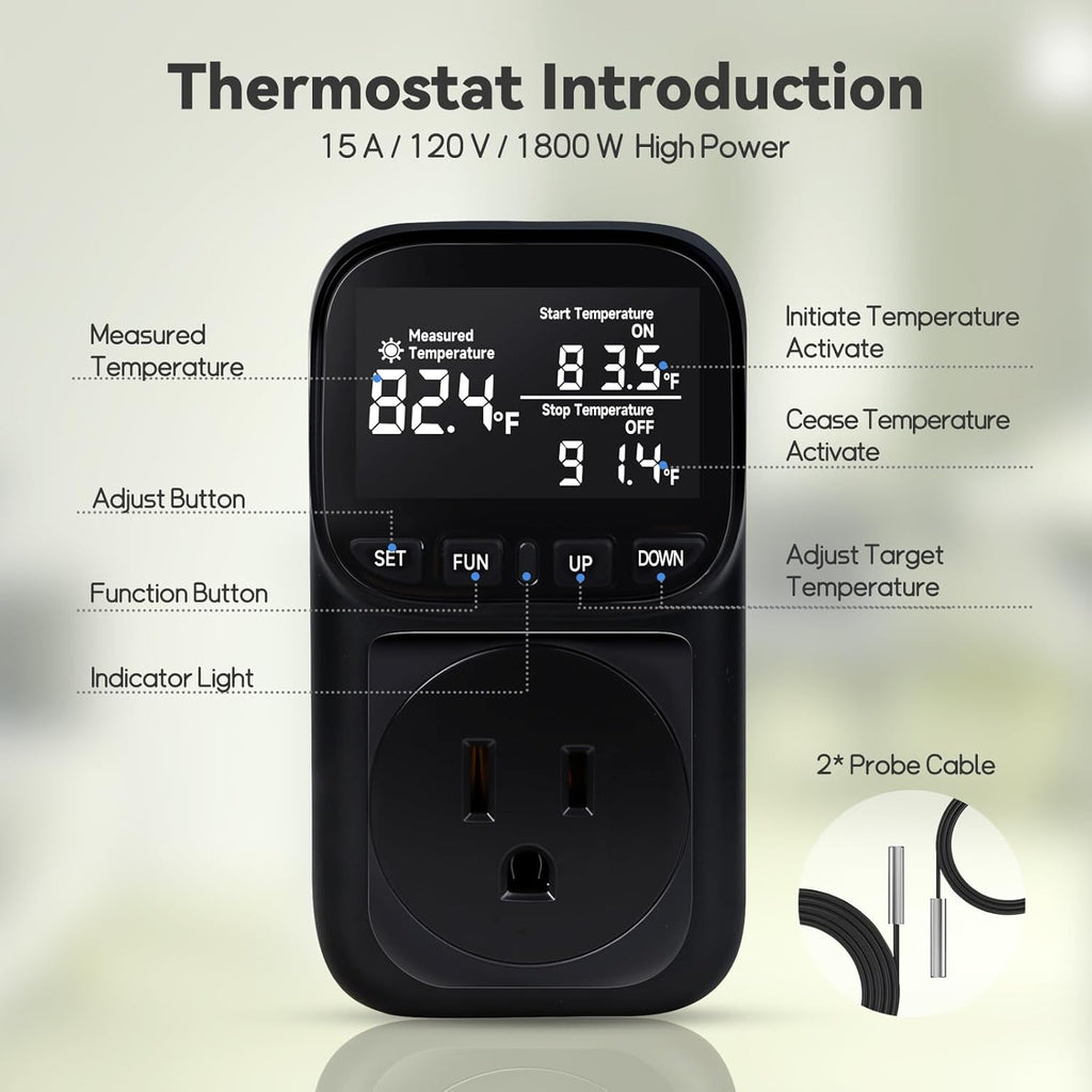 Digital Thermostat Outlet, Plug in Thermostat for Heater, Reptile & Greenhouse - 15A/1800W Temperature Controlled Plug with VA Display, Cyclic Timing/Countdown (-40°F~210°F) Black