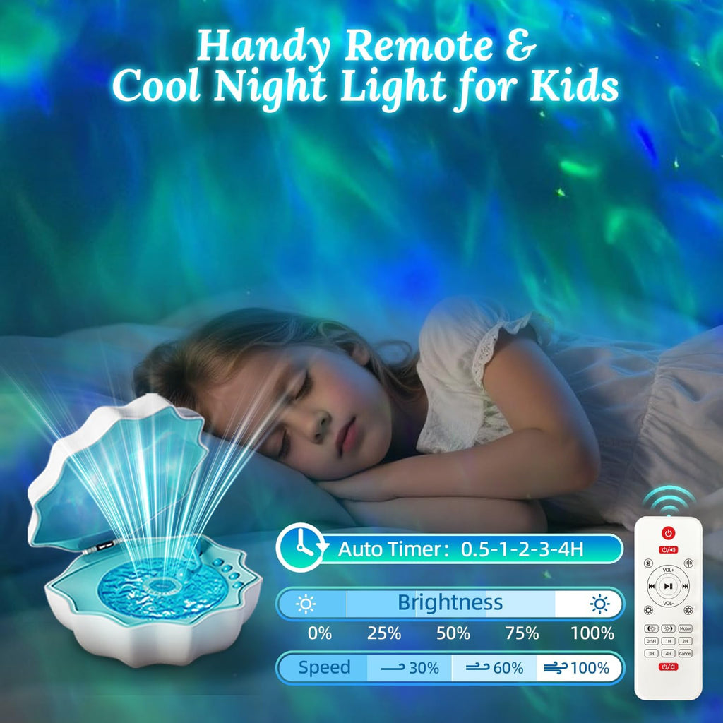 Ocean Wave Projector Light, Shell Night Light Built-in Bluetooth Speaker, Remote Control, White Noises for Home Decor/Relaxation/Party/Music/Gift (Blue)