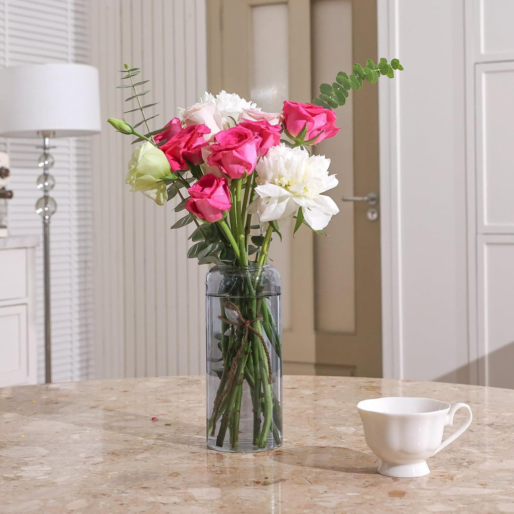 ComSaf Glass Flower Vase, 8 Inch Tall Bud Vases, Home Decor Vases for Centerpiece for Living Room and Bedroom, Decorative Vases for Wedding, Valentines' Day, Mother's Day (Grey)