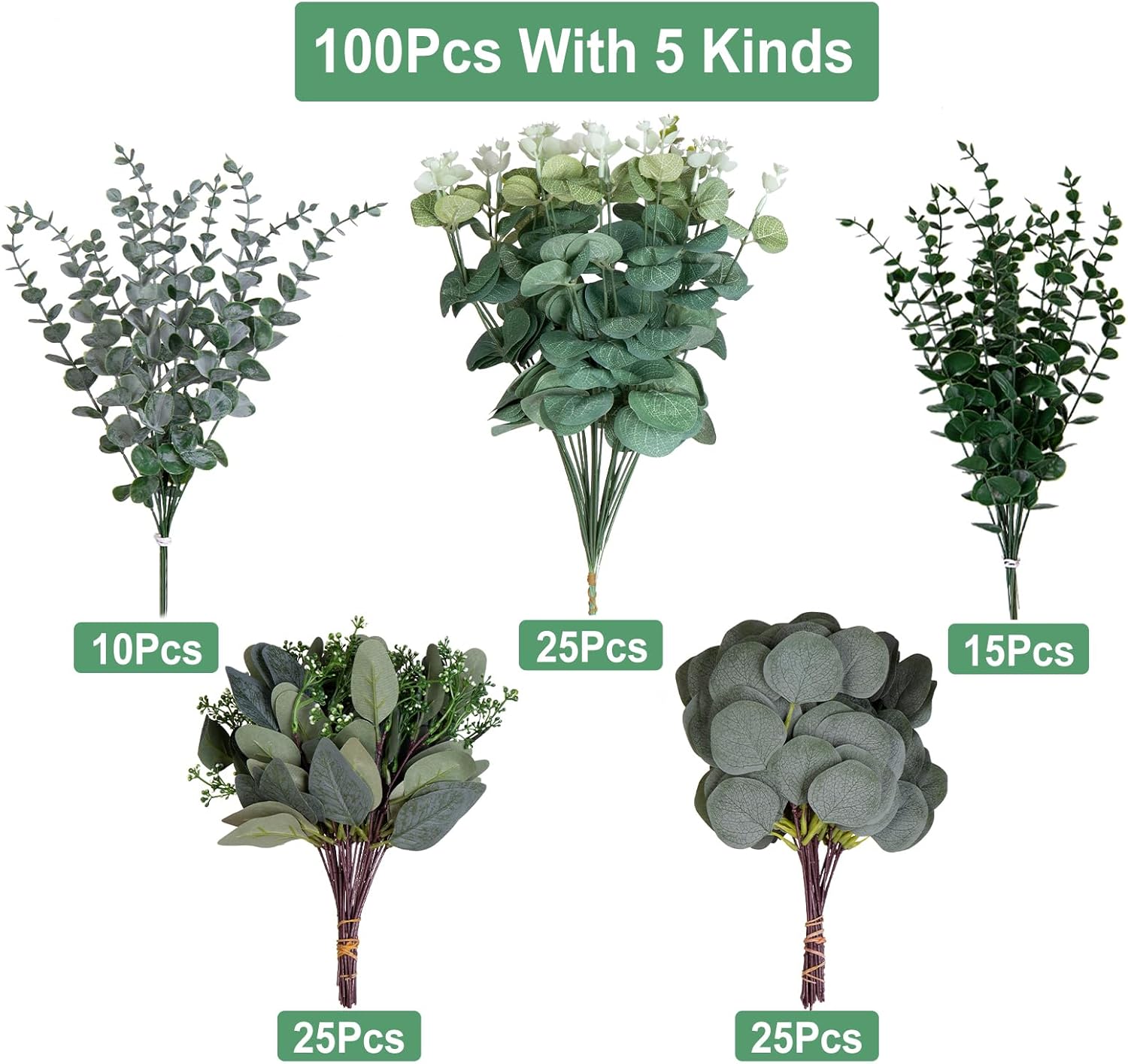 Cliselda 100pcs Artificial Eucalyptus Leaves Stems, 5 Kinds Mixed Fake Greenery Stems Bulk, Silver Eucalyptus Bundle Greenery Branches for Wedding Floral Bouquet Arrangement Centerpiece Decoration