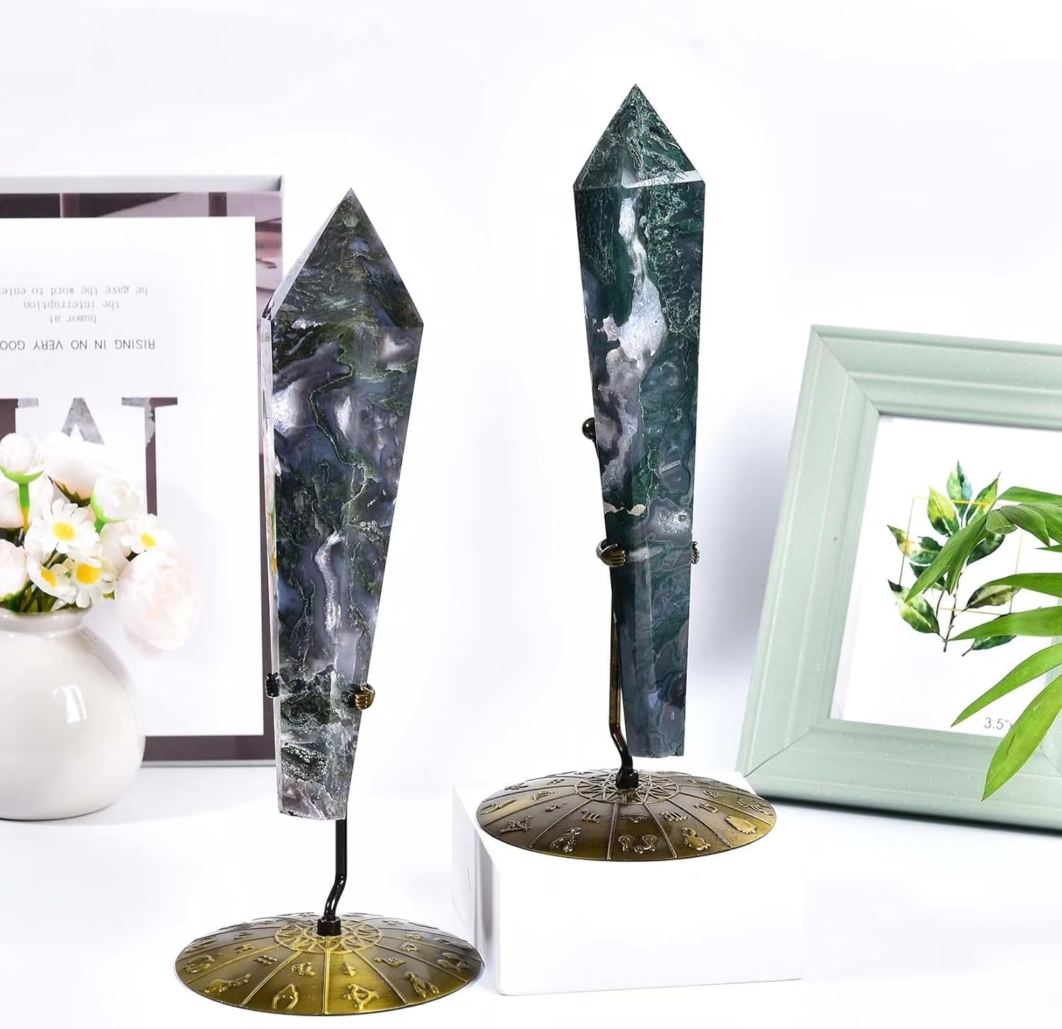 Moss Agate Wand Point Long Healing Crystal Scepter Decorative Stone Reiki Meditation with Display Stand Home Office Decor 0.8-1.1LBS