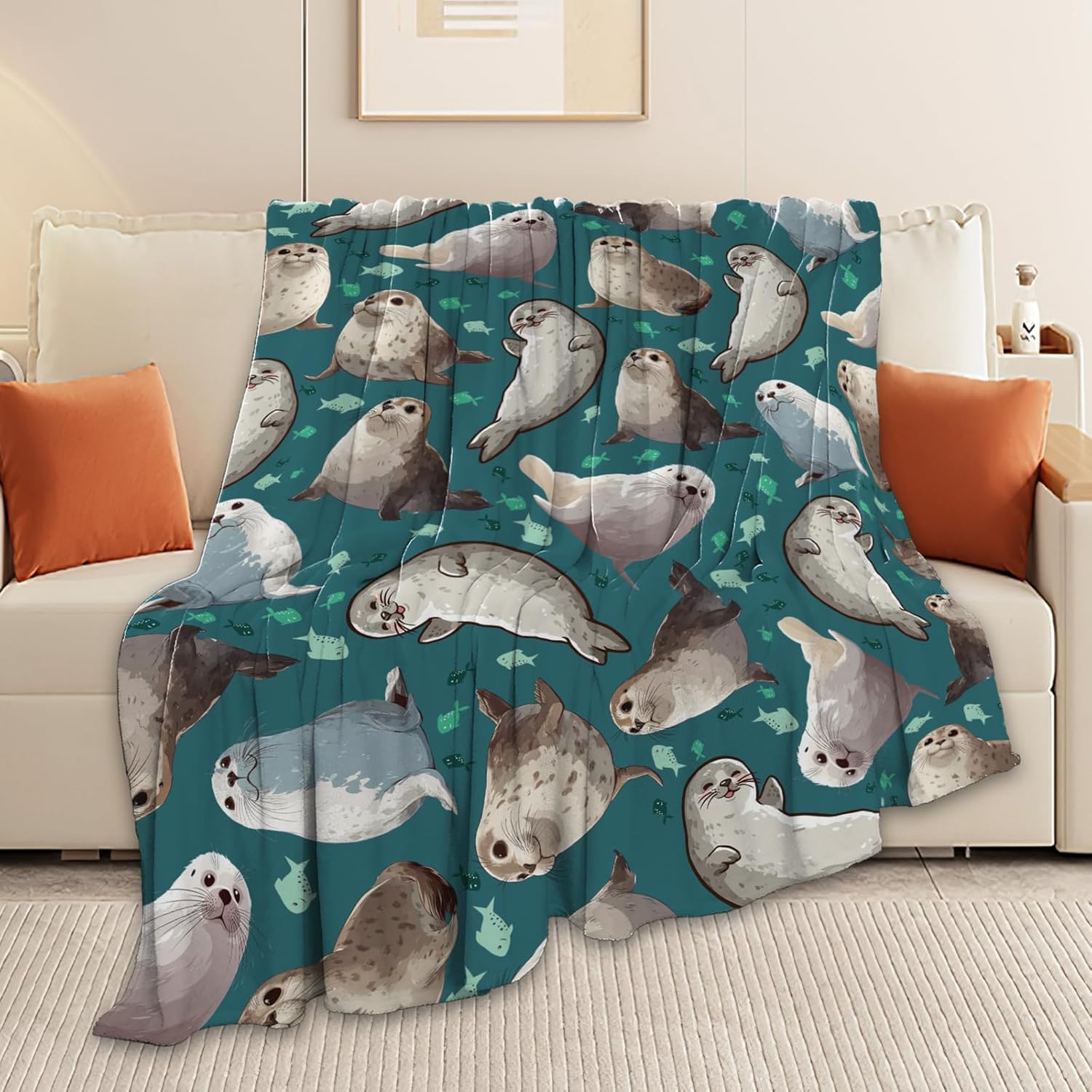 Seal Throw Blanket Ocean Seal Stuff Gifts for Kids Girls Boys Adults Women Men Soft Cozy Warm Plush Fluffy Fuzzy Fleece Blanket Decor 60''X80''