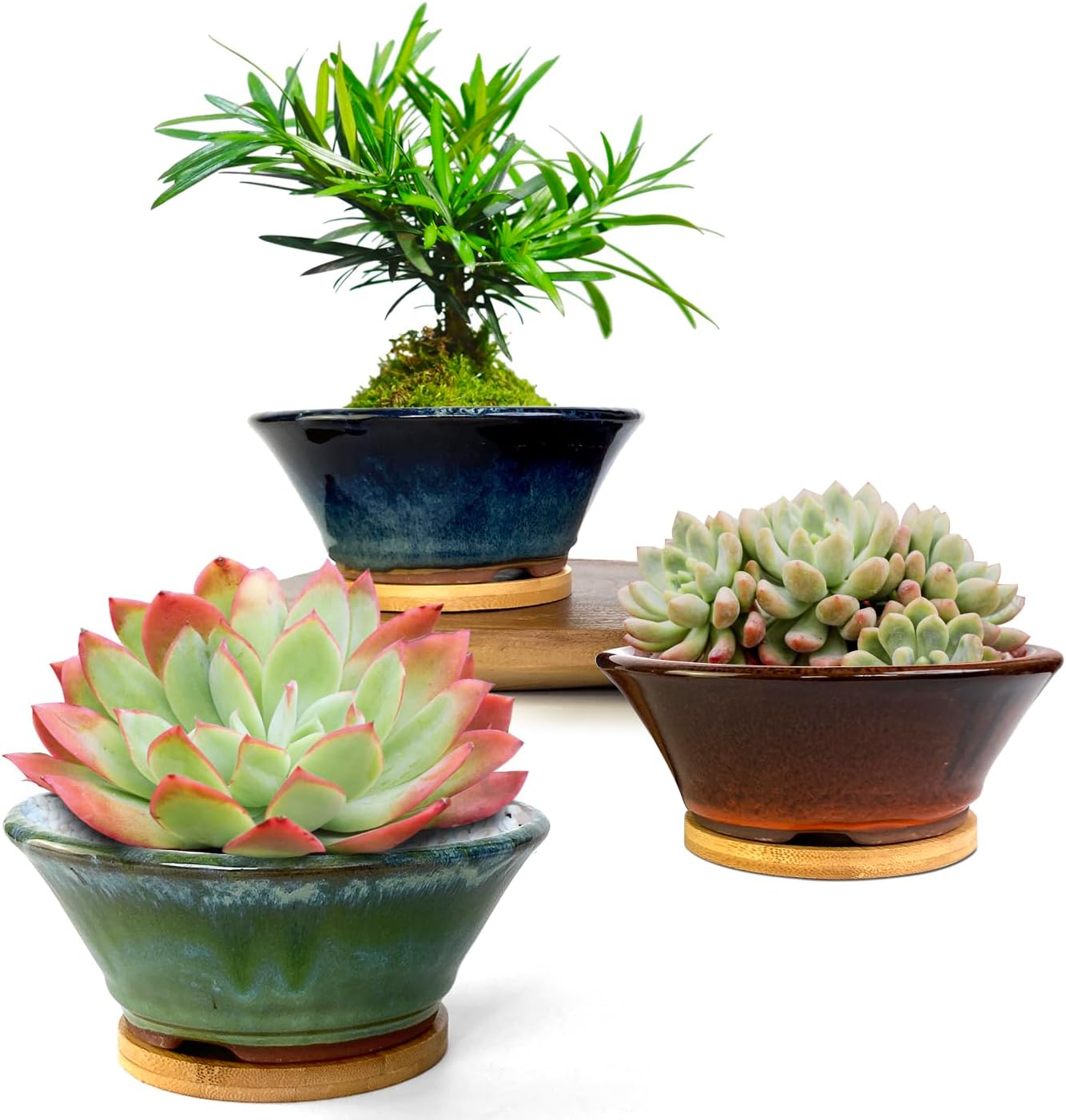 6 Inch Glazed Terracotta Succulent Pot Planter Small Plant Pot with Drainage Hole and Bamboo Saucer Cactus Ceramic Pot Set of 3 (Blue Green Orange)