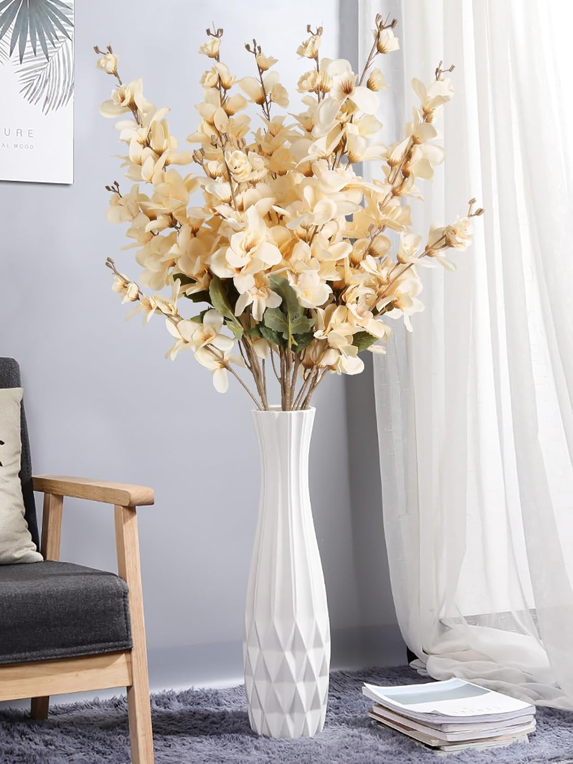 6PCS Champagne Delphinium Artificial Flower Lifelike Faux Larkspur Silk Flowers Plant 35.43'' Long Stem Blossoms Flowers for Tall Vase Floral Arrangements Home Table Wedding Decor(Champagne)