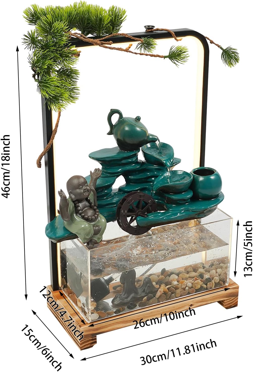 Zen Tabletop Fountain with LED Lights, Handcrafted Ceramic Waterfall Decoration with Fish Tank, Tea Set & Pine Tree for Home/Office, Relaxing Gift for Stress Relief & Good Fortune