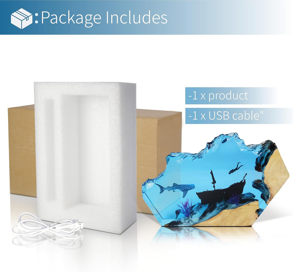 Epoxy Resin Lamp, Ocean Night Light,Artistry Home Decor Bedside Nightlight, Unique Resin Lighting, Nightstand Decorations for Bedroom, Suitable for Holidays(Sunken Boat)