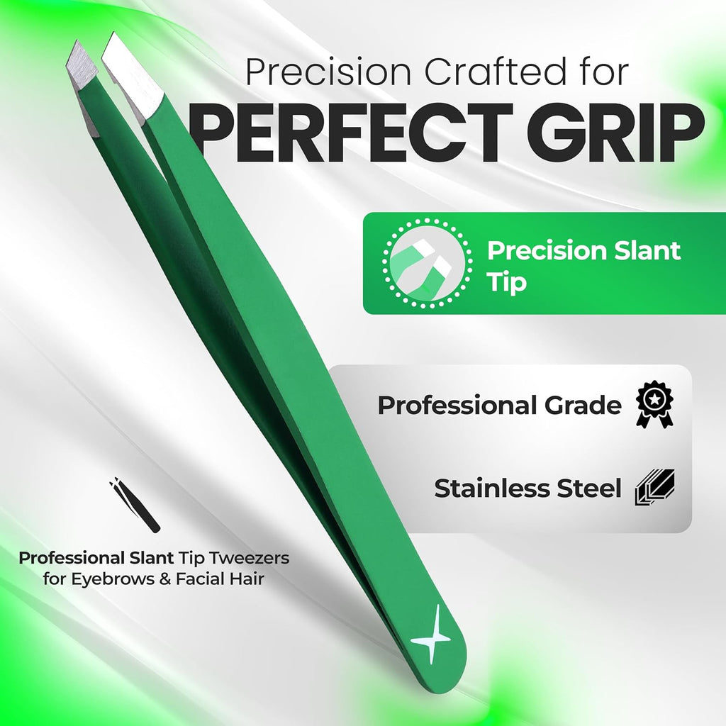 Slanted Stainless Steel Tweezers for Men & Women - Precision Eyebrow Tweezers for Facial Hairs, Strong Grip, Fine Tip, Professional Tweezer for Plucking & Grooming (Matte Forest Green)