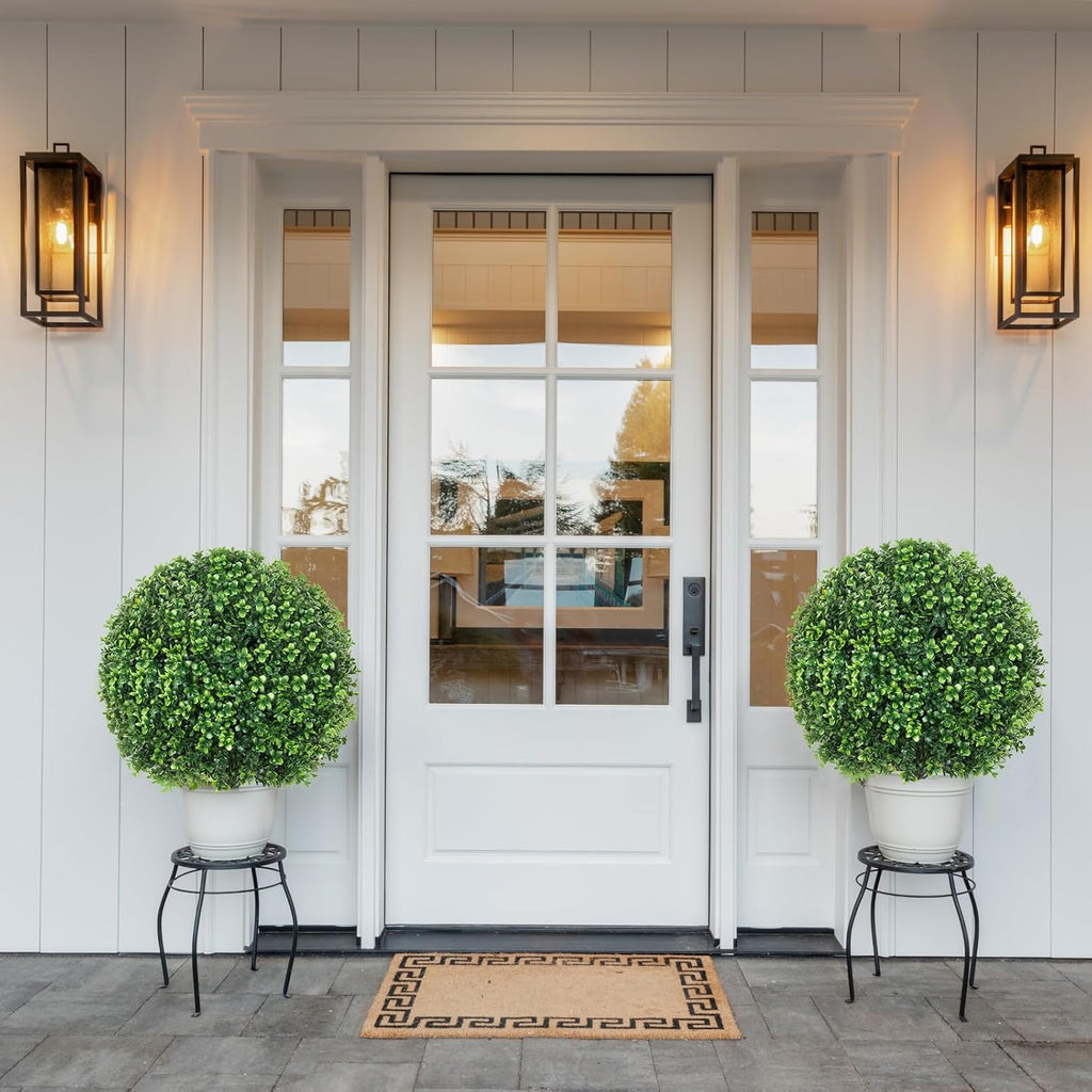 25.6" Artificial Boxwood Topiary Ball Trees: 2 Pack Fake Shrubs with Spike – UV Resistant & Fade Resistant Faux Bushes, Evergreen Artificial Plants for Outdoor Indoor Front Porch Garden