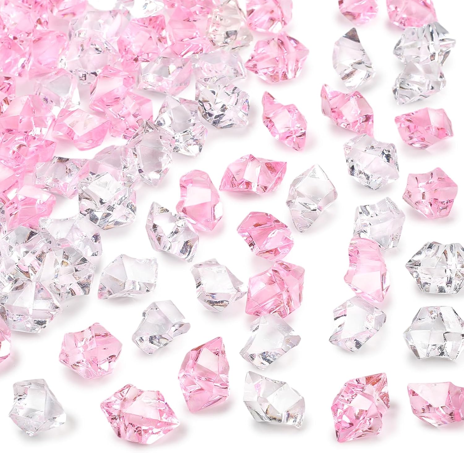 DomeStar Fake Ice, 150PCS Acrylic Fake Diamonds Vase Fillers Pink and Transparent Rocks Plastic Gems for Party Table Scatter Decor