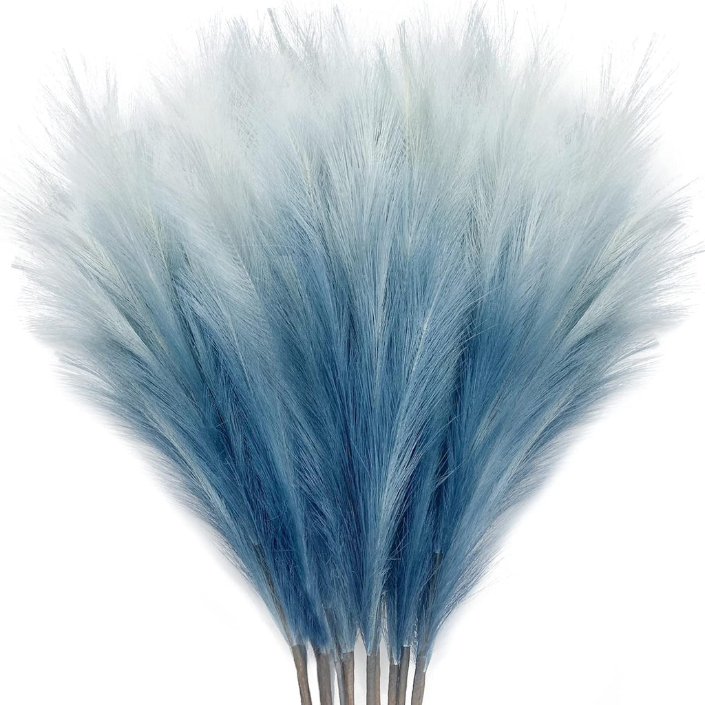 KALYLOC 8Pcs 35.4” Blue Colorful Faux Pampas Grass, Fluffy Artificial Bulrush Branches Boho Decor, Filler Tall Pampas Grass Reed Fluffy Stems for Living Room Wedding Decoration