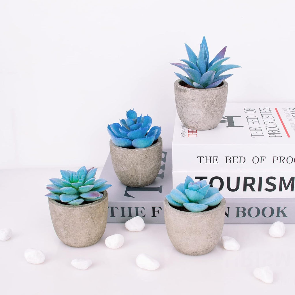 Set of 4 Blue Fake Succulents Potted, Mini Succulents Plants Indoor, Blue Decor Small fakeplants for Shelves Home Office Table Bathroom Bedroom Kitchen Desk Decor Shelf Decor
