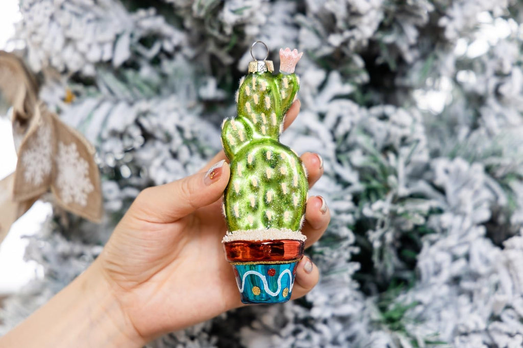 Set of 2 Hand Blown Glass Cactus Ornaments for Christmas Tree, Hanging Glass Cactus Ornament