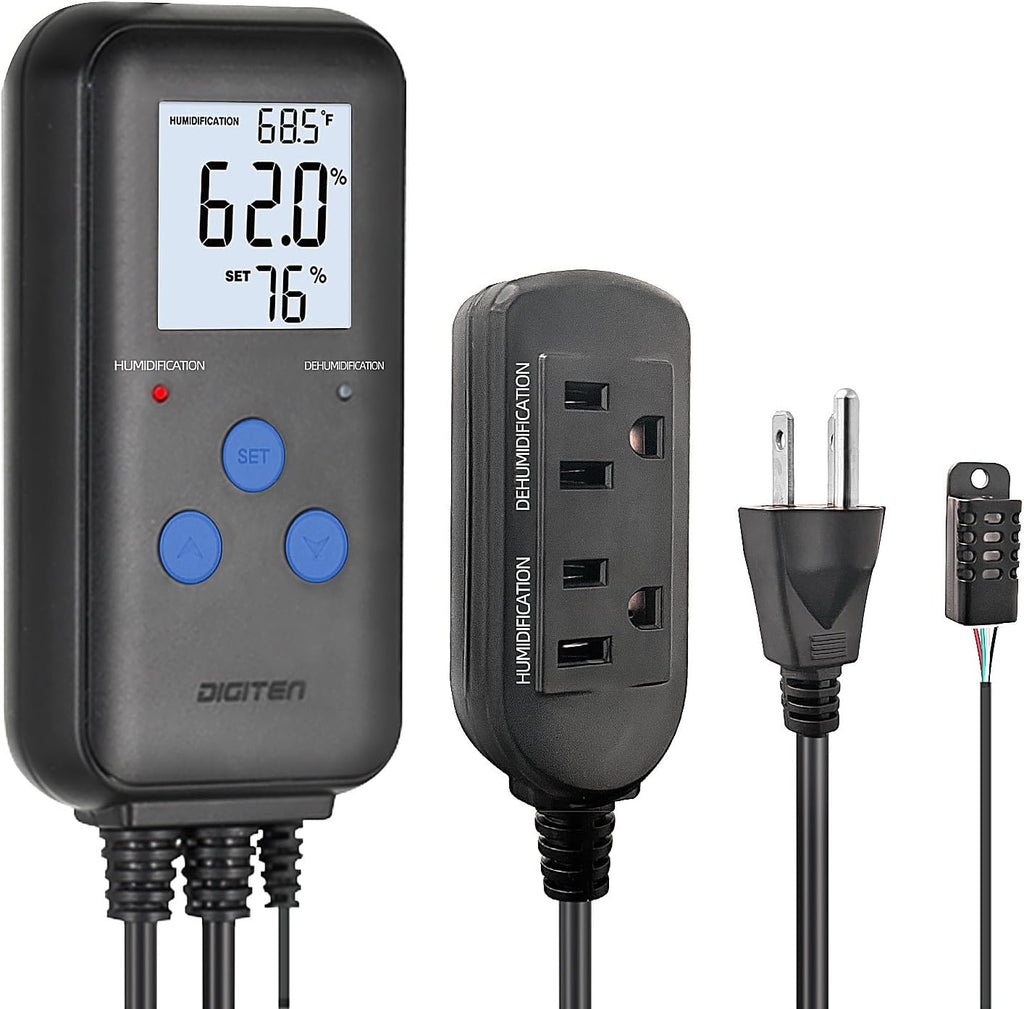DIGITEN Humidity Controller Pre-Wired Digital Humidistat with Temperature Display, Dual-Stage Outlet Humidifier /Dehumidifier for Mushroom,Reptile, Greenhouse, Fan, Grow Tent