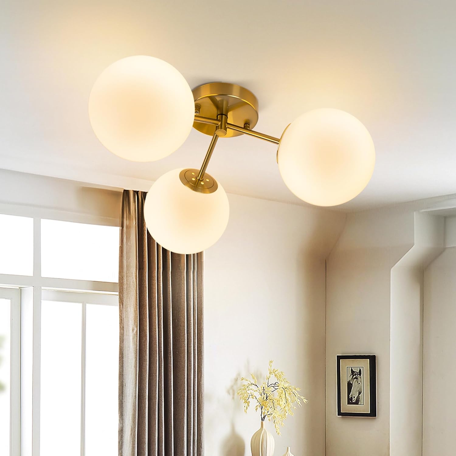 Maxax 17" Gold Ceiling Light, 3 Lights Modern Flush Mount Fixture with Opal Milk Glass Globe, Mid Century Brass Semi Chandelier, Sputnik Ceiling Lamp for Living Room, Dining Room, Bedroom, Entryway