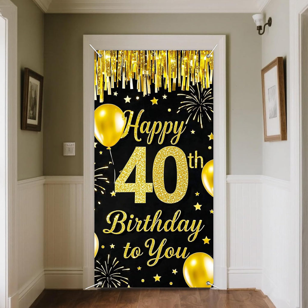 IVN 40th Birthday Door Cover 71x35 Inch Black Gold Birthday Banner for Party Decorations Balloons Stars Fireworks Backdrop Sign for Men Women Photo Booth Prop Wall Decor