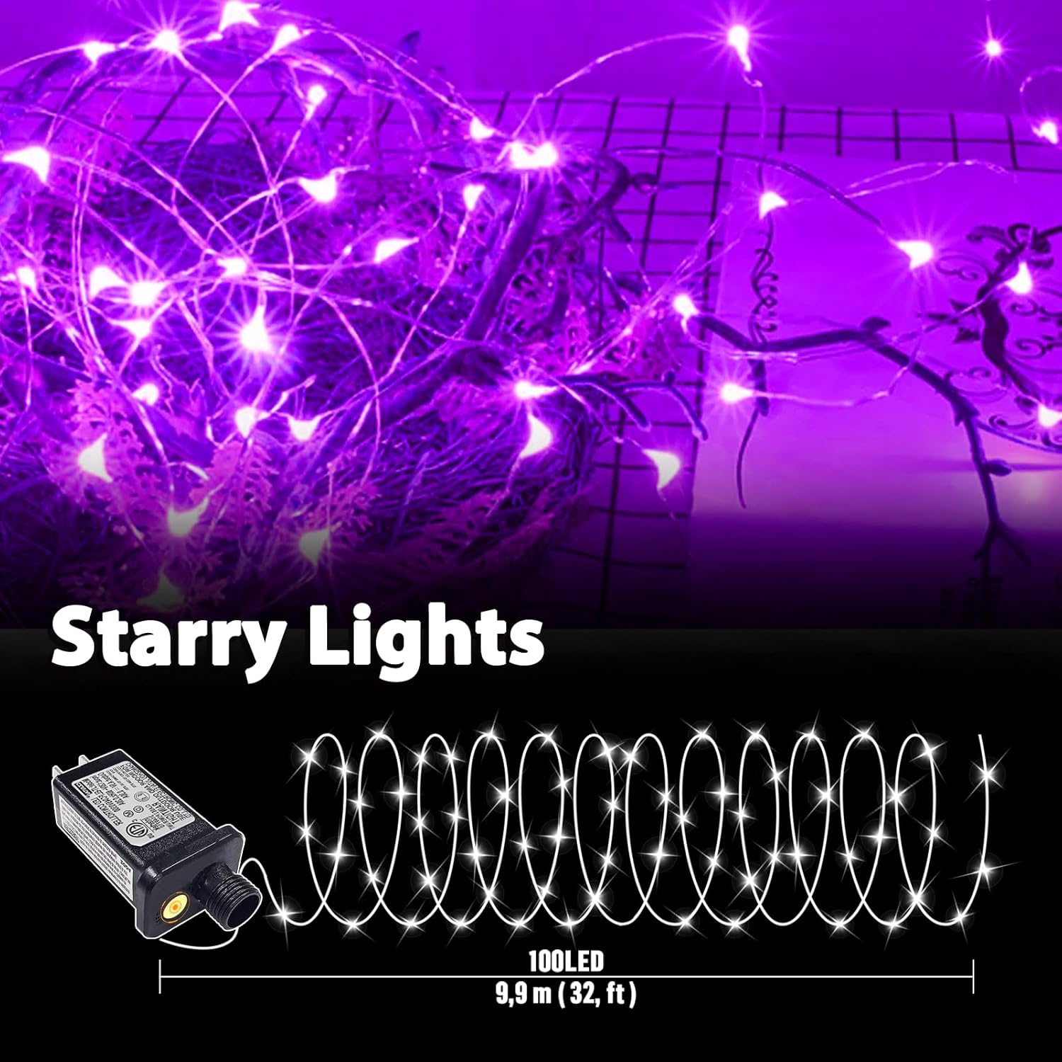 LAMPHOME Halloween Fairy Lights Plug in, 33Ft 100 LEDs Waterproof Twinkle Firefly Lights, Adaptor Included, Starry String Lights for Wedding Indoor Outdoor Christmas Patio Garden, Purple