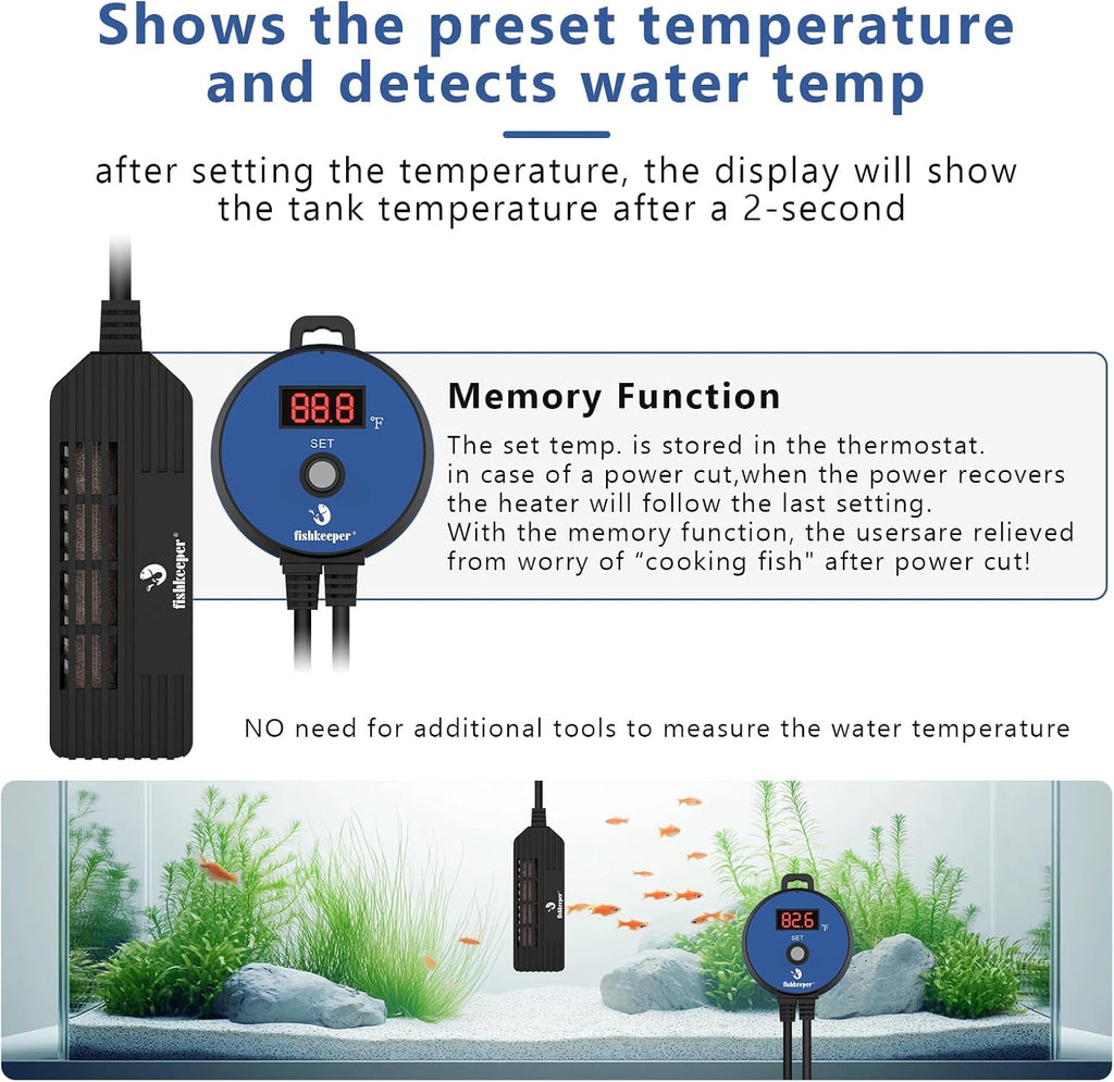 fishkeeper Small Aquarium Heater, Submersible Betta Fish Tank Heater 50W with LED Digital Display Controller Adjustable Temperature for Saltwater and Freshwater(5-14 Gallon)