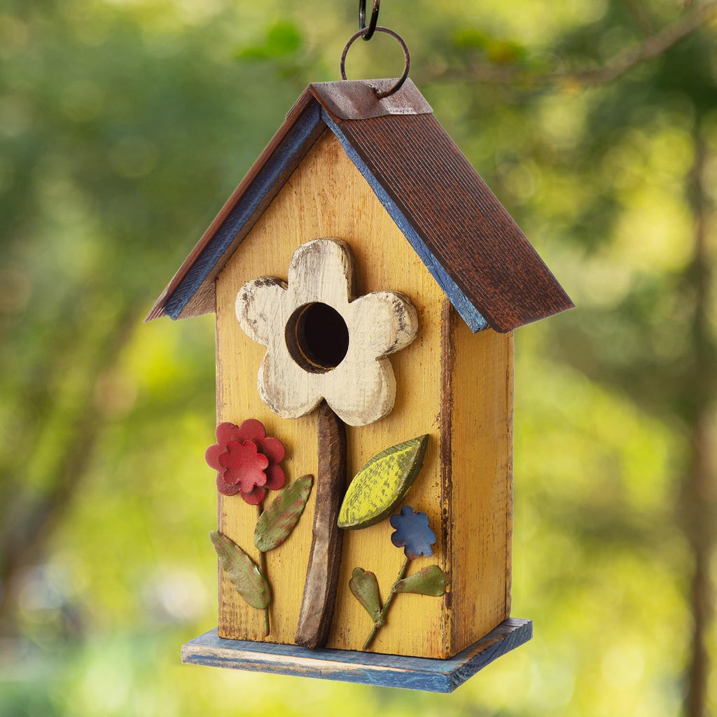 Glitzhome 10.25" Inch Wooden Bird House Hanging Distressed Flower Garden Birdhouse for Outdoor