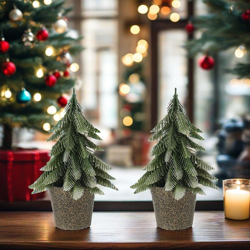 Mini Artificial Pine Trees in Decorative Pots, 2 Pack S Size Small Christmas Tree, Green Holiday Tabletop Christmas Trees Christmas Decorations for Bedroom Xmas Gifts (S)