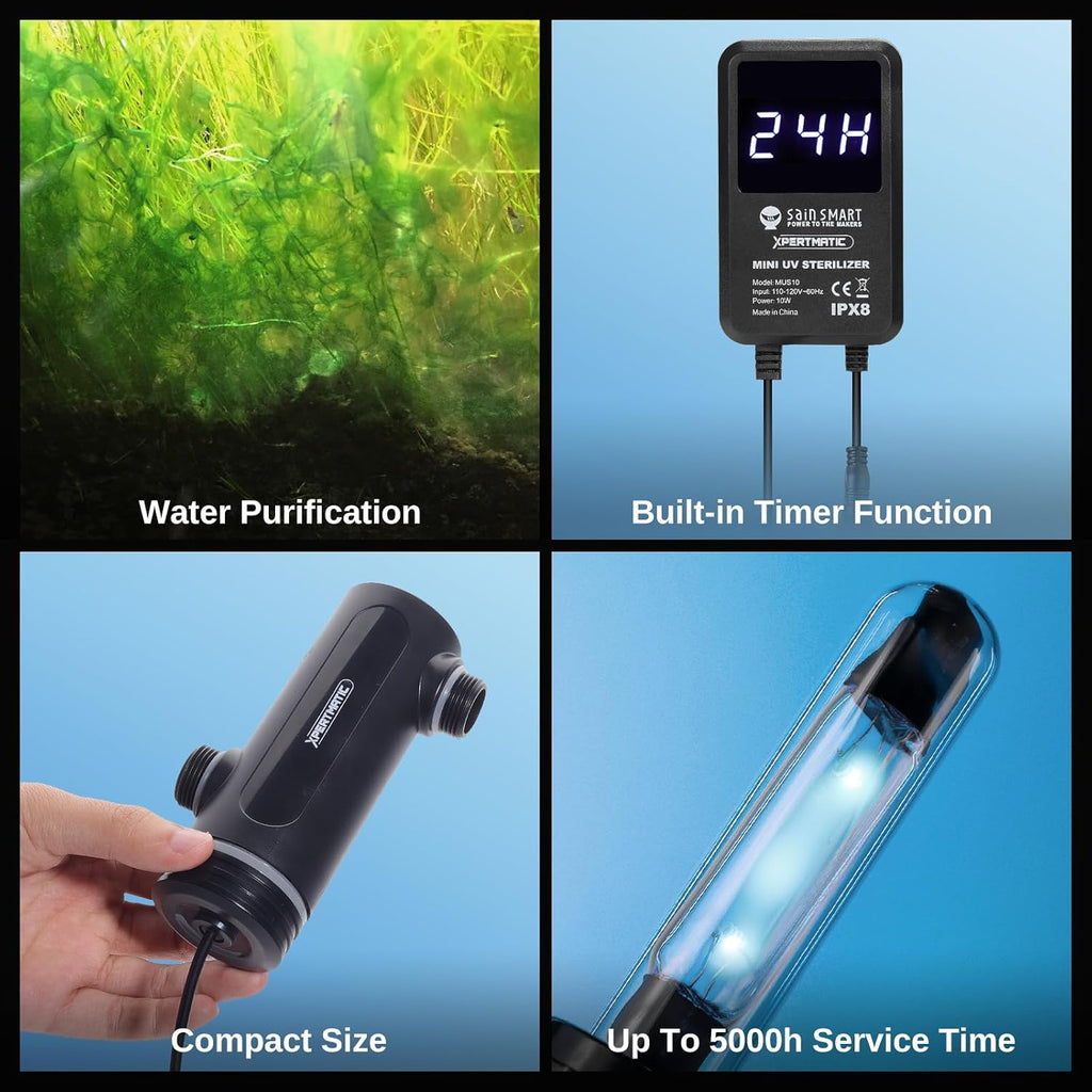 SainSmart XpertMatic Aquarium 10W Clean Light, Mini Submersible Aquarium Light with Timer, Waterproof Cleaning Lamp Greening for 40-80 Gallon Fish Tank and Aquariums