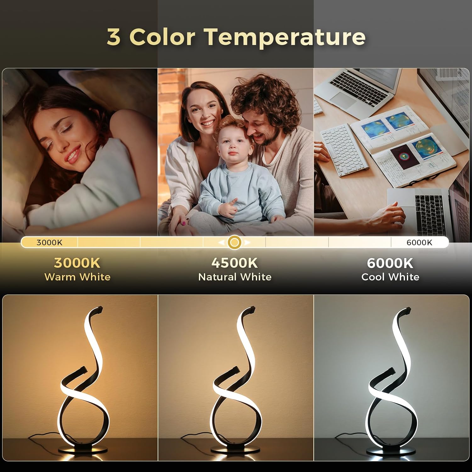 2 Pack Modern Touch Lamp for Nightstand, Spiral LED Table Lamp, Dimmable 3 Color Temperature Night Stand Desk Lamp, Unique Bedside Light for Living Room, Bedroom, Ideal Gift, Black