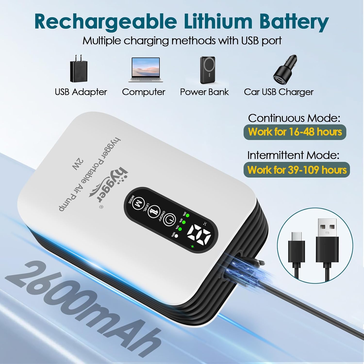 hygger Battery Powered Aquarium Air Pump, USB Rechargeable Aerator for Bait Bucket, Quiet Adjustable Flow Fish Tank Bubbler, Portable Fish Oxygen Air Pump for Outdoor Fishing, Power Outages, Emergency