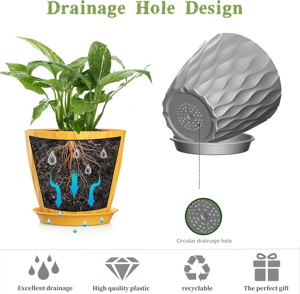 5 Inch Planter Pots, 6 Pack Indoor Planters, Small Flower Pots with Drainage Holes and Tray for Succulents, Orchids, Herbs and Other Indoor Plants (Orange+Grey+White, 5inch)