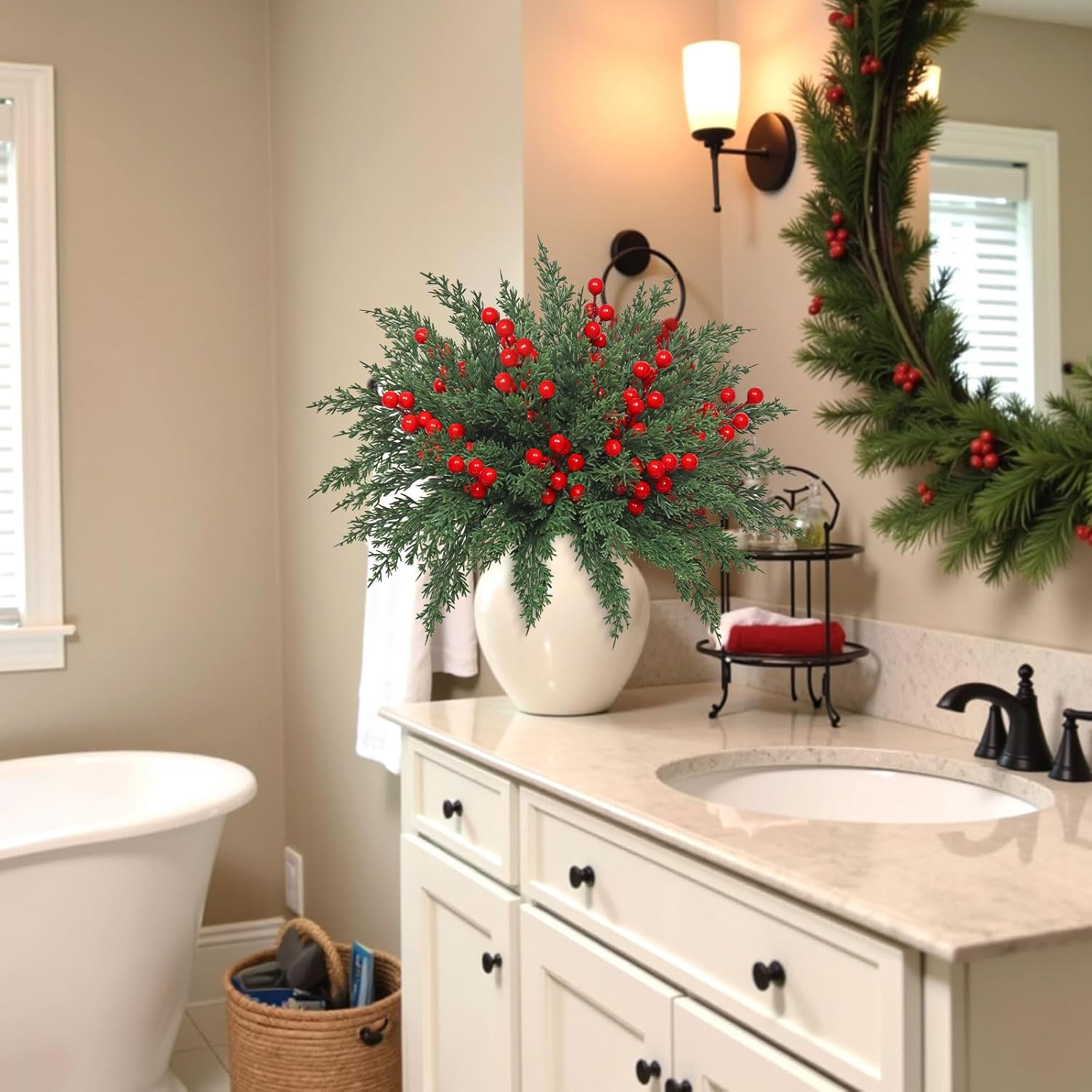 Weldomcor Christmas Artificial Pine Branches 40 Pcs Faux Norfolk Pine Stems with Red Berries, Xmas Fake Greenery Cedar Stems Plants Evergreen Picks DIY Christmas Decorations Holiday Home Table Decor