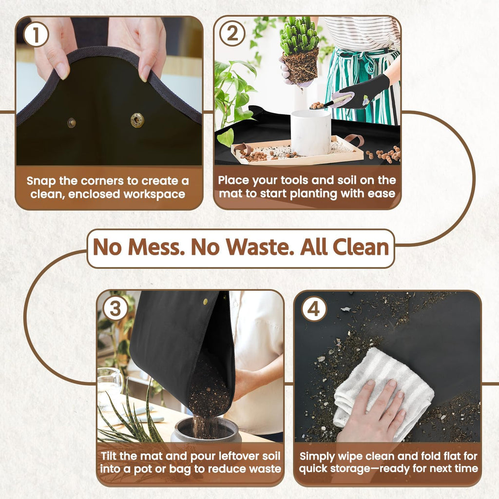 LASZOLA 45 pcs Repotting Set with Potting Mat Tiny Tools for Indoor Plants Succulents, Gardening Bag Kit with Waterproof Tray and Mini Tools, Ideal for Soil Replacement Seedling Transplanting, Black