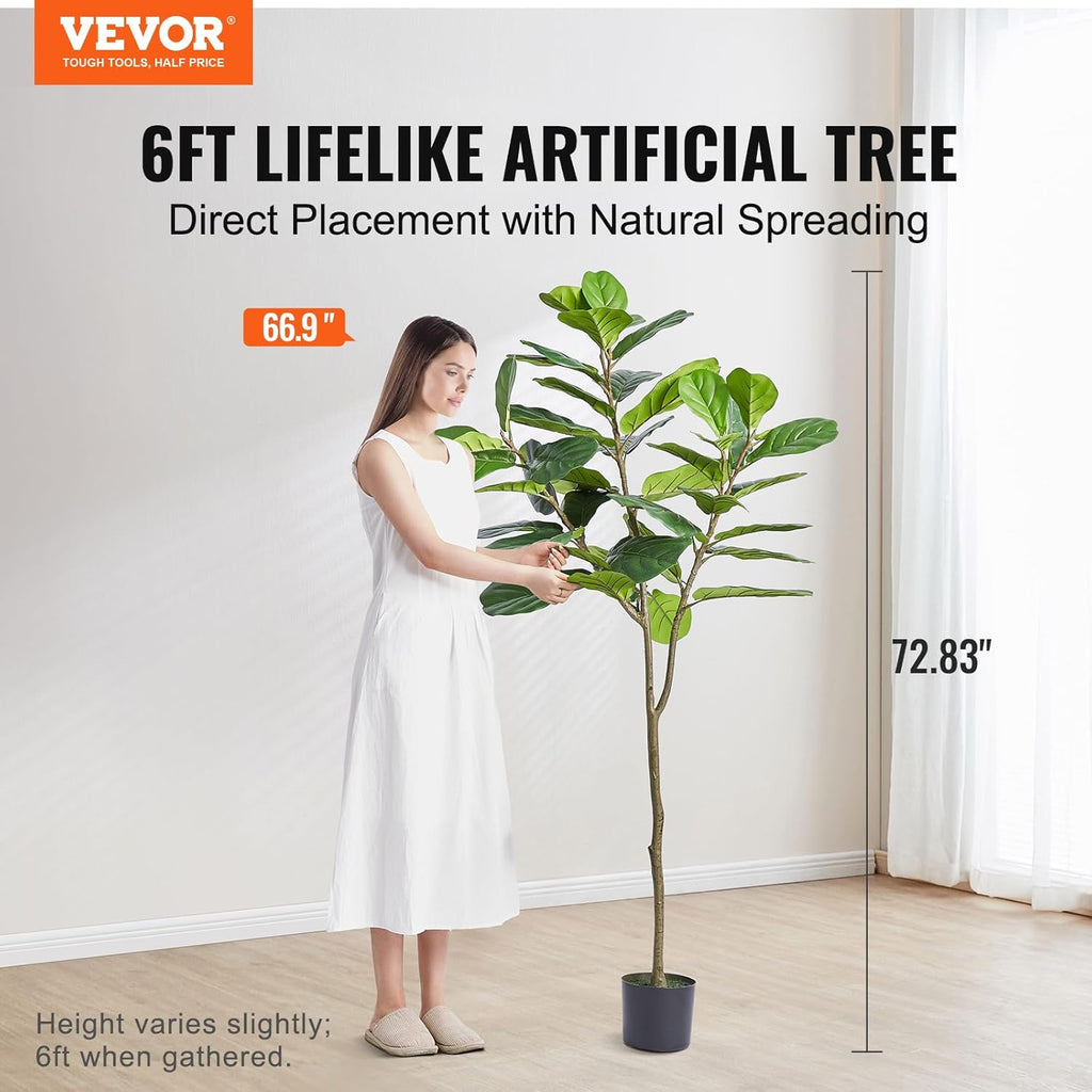 VEVOR Artificial Fiddle Leaf Fig Tree 6 FT, Secure PE Material & Anti-Tip Tilt Protection Low-Maintenance Faux Plant, Lifelike Green Fake Potted Tree for Home Office Warehouse Decor Indoor Outdoor