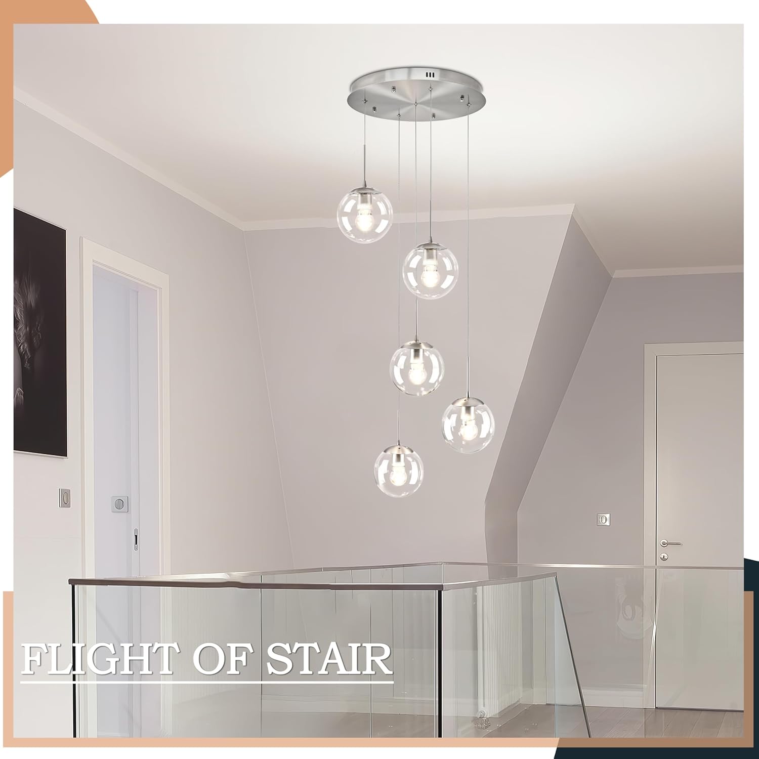 KoKo&Yukina 5-Light Globe Glass Pendant Light Adjustable Length Pendant Lights Modern Nickel Clear Globe Glass Chandelier High Ceiling Lights Fixtures for Foyer Hallway Staircase (Bulb & Remote Incl)