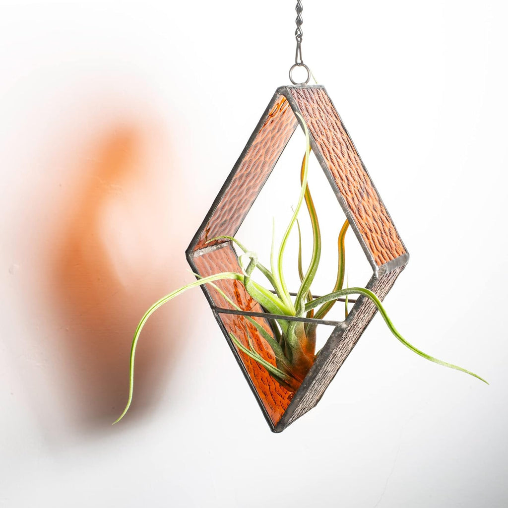 Stained Glass Hanging Plant Terrariums, 2 Packs Geometric Window Planters with Chain for Windowsill Decor Small Succulent Tillandsia Glass Terrarium Minimalist Air Plant Holders