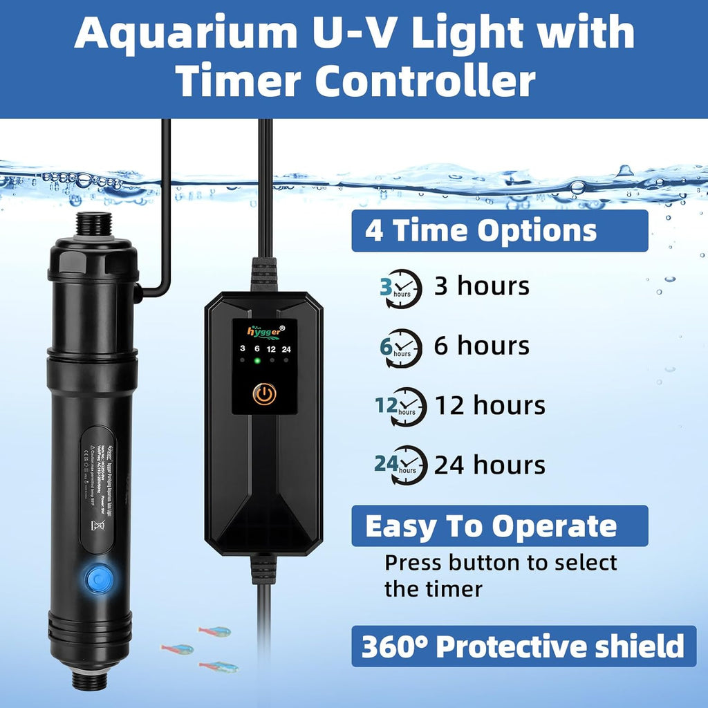 hygger Aquarium U-V Light with Timer, 360° Protective Shield Clean Light for Green Water Clean, Amphibian Aquarium Lamp Bulb for Freshwater Saltwater Fish Tank and Aquarium (7W, 30-70 Gallon)