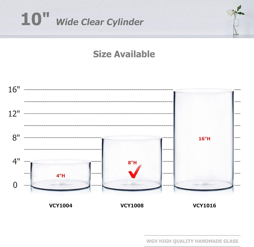 WGV Cylinder Vase, Width 10", Height 8", Clear Wide Large Diameter Flower Glassware, Floral Container, Planter Terrarium for Wedding Party Event, Home Accent Decor, 1 Piece