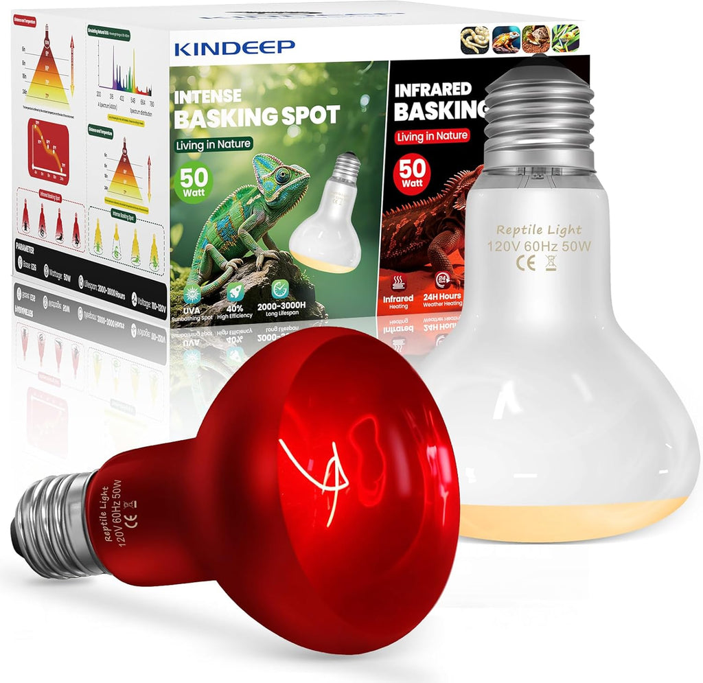 KINDEEP 50W Reptile Heat Lamp Bulbs: Reptile Day & Night Basking Spot Bulb Combo Amphibian Infrared Heat Lamp Bulb - UVA Basking Spot Daylight Heating Light Bulb for Lizard Tortoise Snake