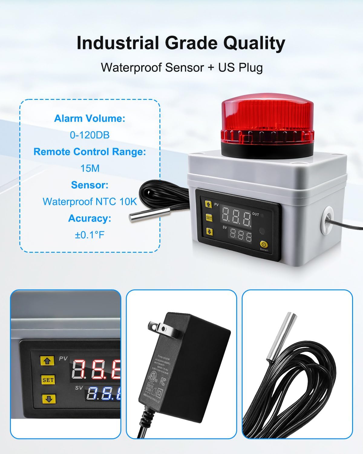 12V Digital Temperature Alarm Monitor with Remote Control – 120DB High/Low Temp Alert, Waterproof Sensor Probe, – -50℃-110℃ Temperature Thermometer for Refrigerator RV Cold Chain Farm Pond Factory