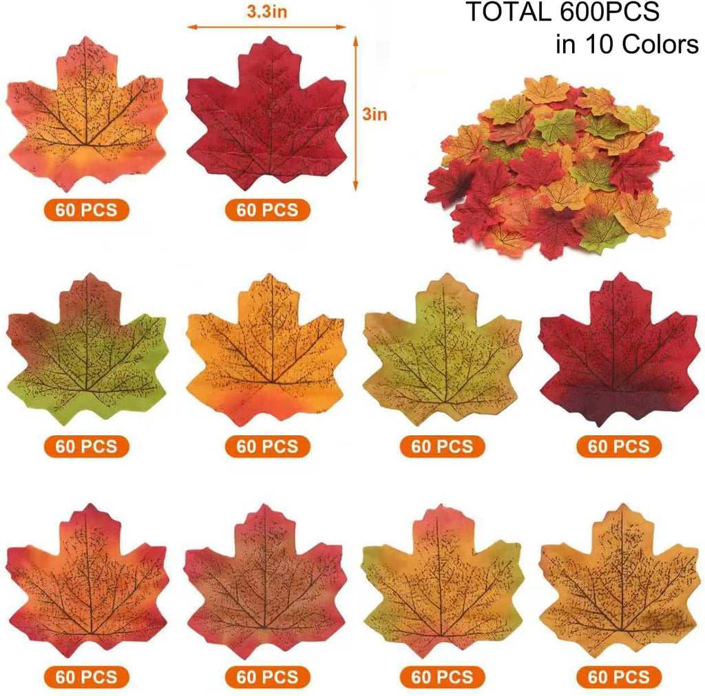 600PCS Artificial Maple Leaves Faux Fall Maple Leaf Fake Autumn Leaves Thanksgiving Autumn Halloween Party Table Decors,10 Colors