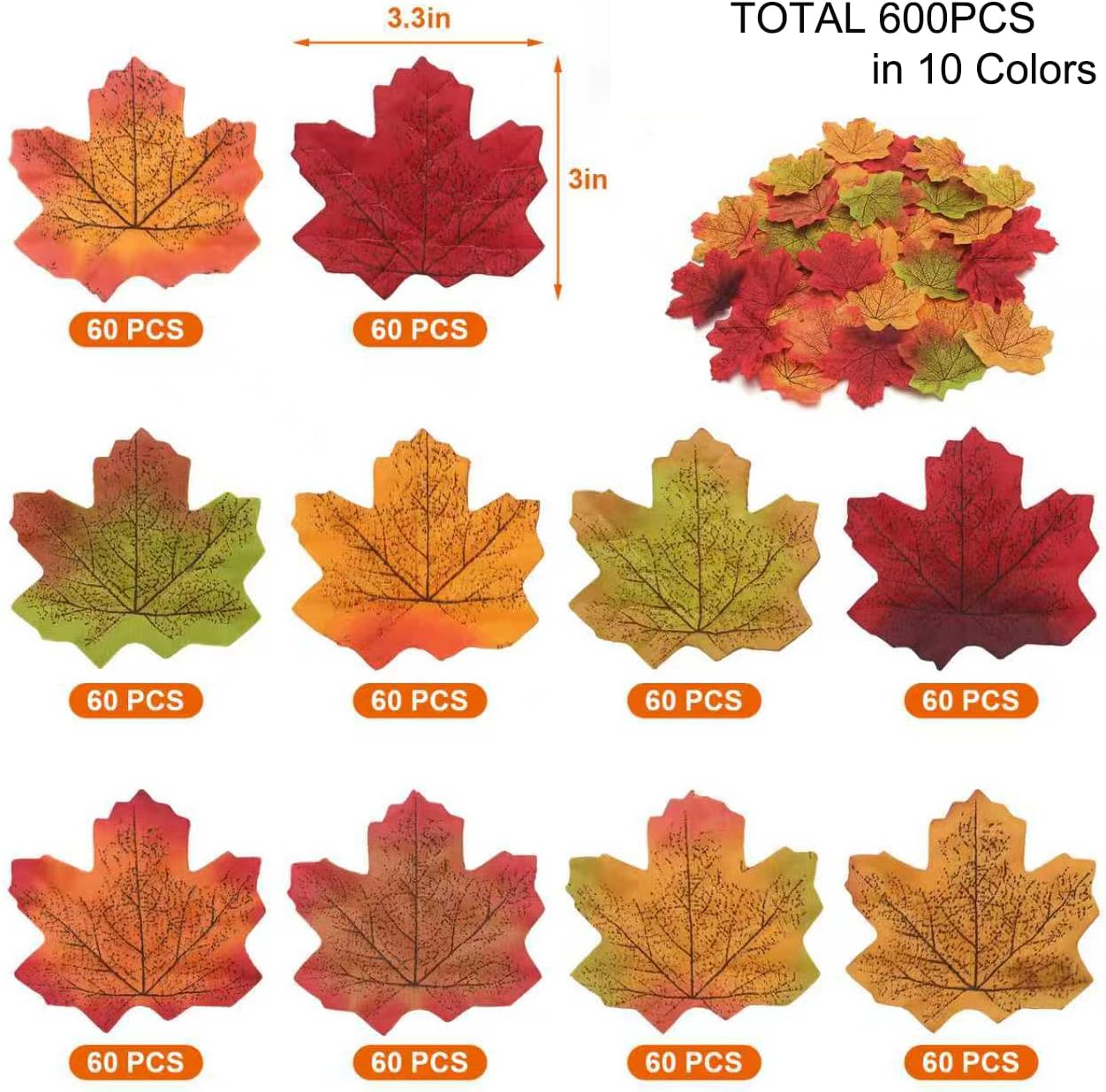 600PCS Artificial Maple Leaves Faux Fall Maple Leaf Fake Autumn Leaves Thanksgiving Autumn Halloween Party Table Decors,10 Colors