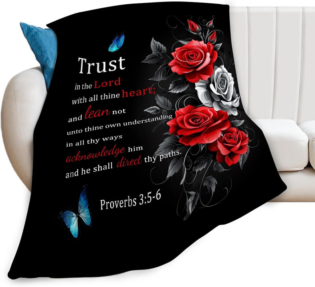 Christian Blanket Bible Verse Throw Blanket Red Rose Inspirational Religious Spiritual Gifts for Girls Boys Kids Adults Women Men Soft Cozy Plush Fluffy Fuzzy Fleece Blanket Decor 40''X50''