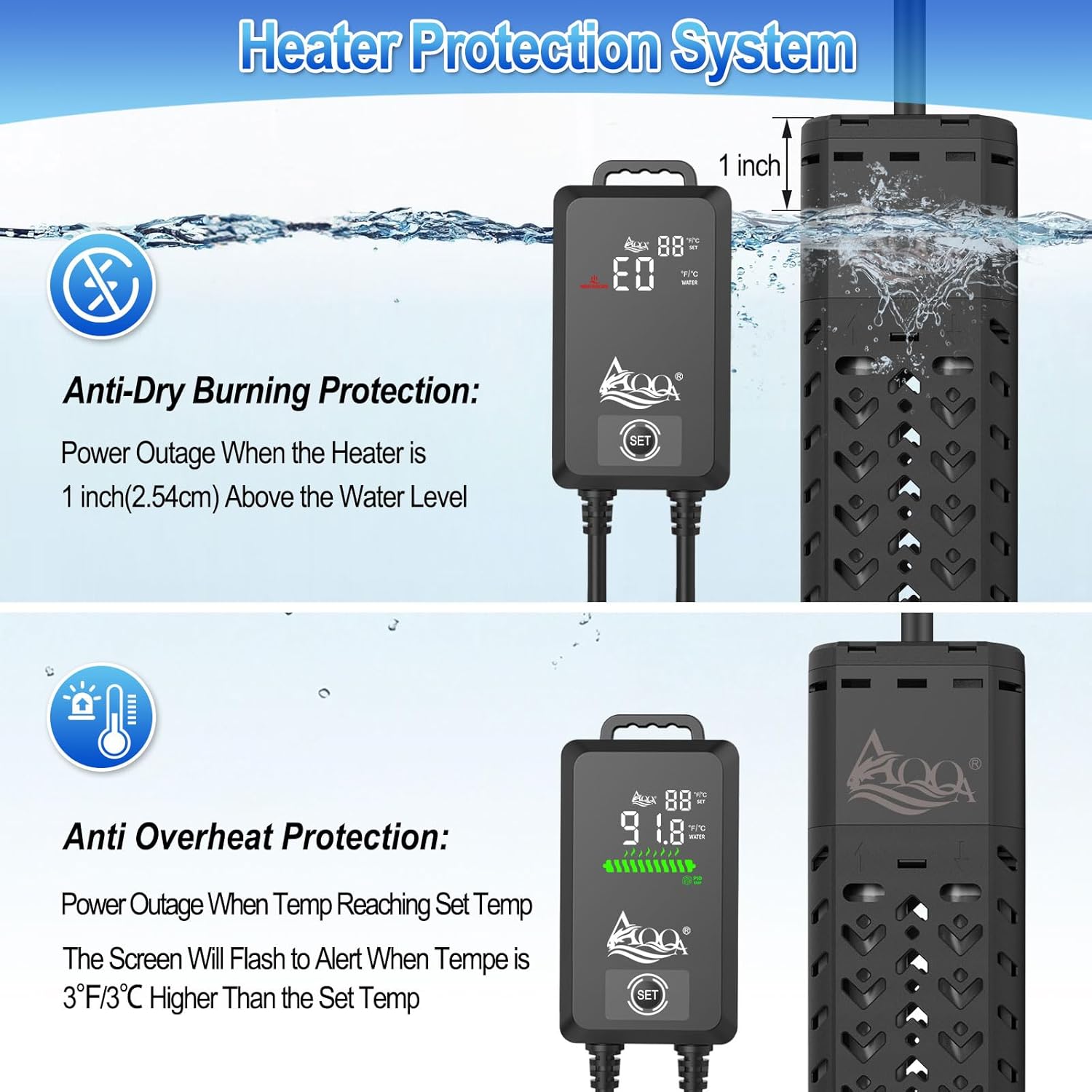 AQQA 1000W Fish Tank Heater 135-258 Gallon Submersible Aquarium Heater Quartz Glass Betta Fish Heater for Aquarium Thermostat Heater for Freshwater and Saltwater (AQ136-1000W for 135-258Gal)