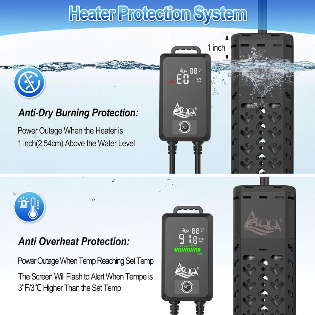 AQQA Aquarium Heater 500W for 55-130 Gallon Fish Tank Heater Quartz Glass Submersible Betta Fish Heater for Aquarium Thermostat Heater with External Digital Controller (AQ136-500W for 55-130Gal)