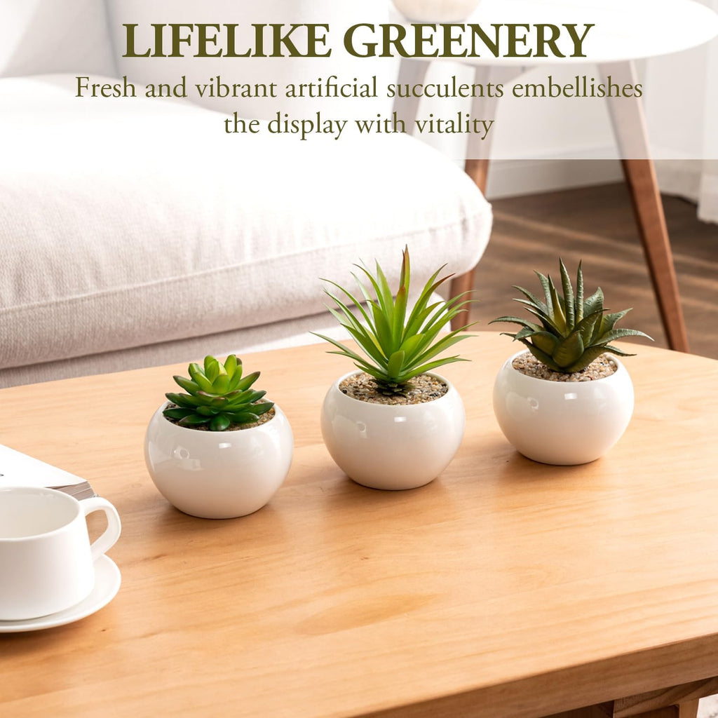 MyGift Mini Assorted Artificial Succulents in Round White Ceramic Pots, Mixed Realistic Indoor House Plants, Set of 3