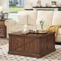Farmhouse Coffee Table with Large Hidden Storage Compartment, Brown Retro Square Center Table, Wood Rustic Low Modern Living Room Tables with Hinged Lift Brown Top & Wooden Arc Base