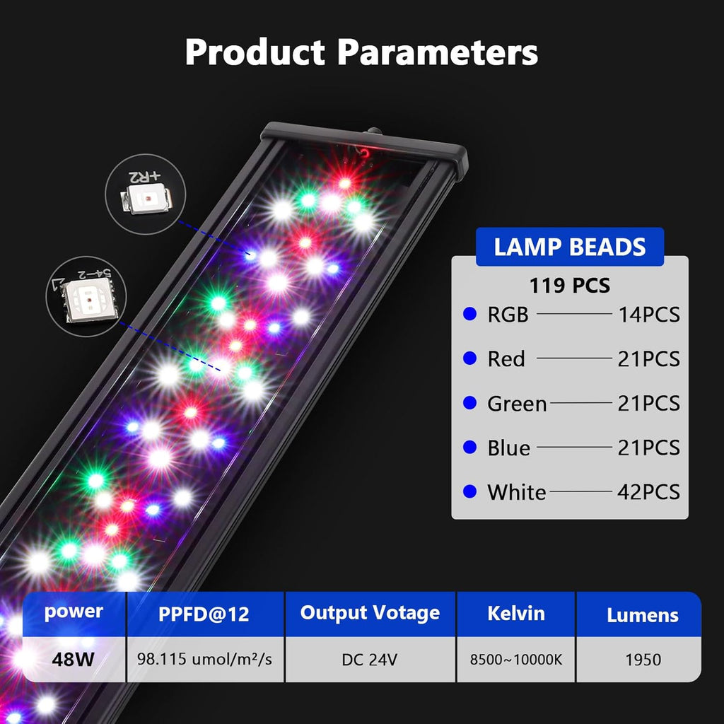 hygger New Mode 24/7 Timer LED Aquarium Light, Auto On Off Full Spectrum Fish Tank Light Fish Colorful/Sun/Nightlight/Wrgb Cycle Mode for Freshwater Plants Tank (for 39in~45in Long Tank)