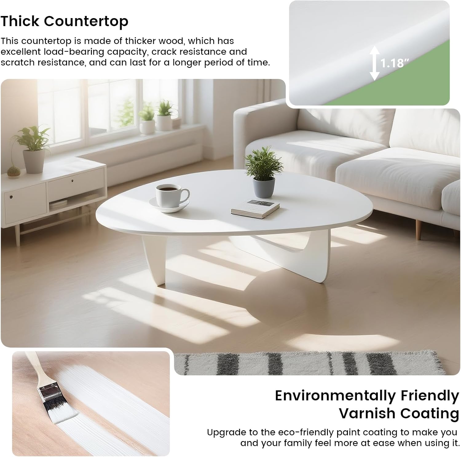 Solid Wooden Modern Triangle Coffee Table: Unique Funky Coffee Tables for Living Room, Oval Mid-Century Irregular Abstract Tea Tables for Patio Office Balcony Bedroom (White, 43" L x 31" W x 16" H)