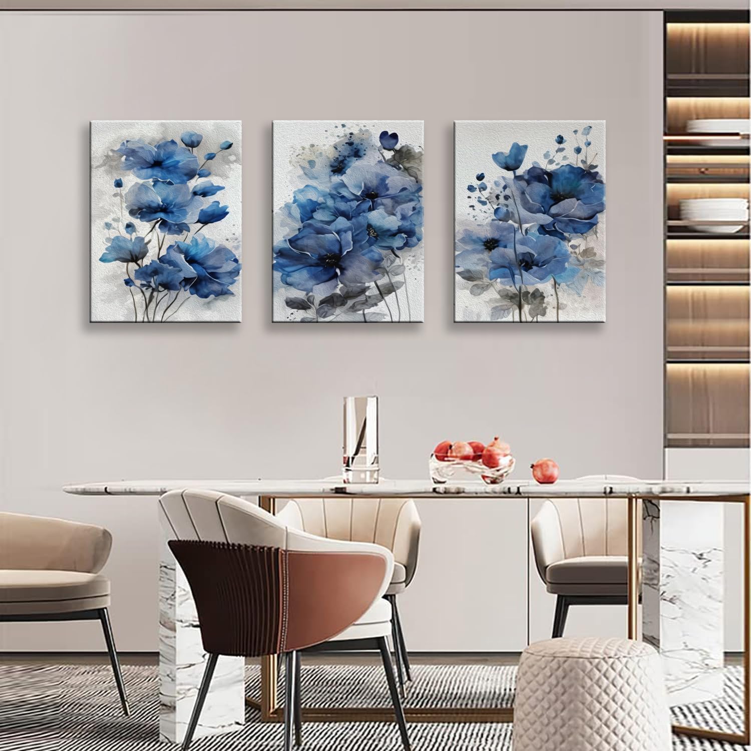 Blue Flowers Canvas Wall Art for Bedroom Home Decor - Artwork for Wall, Abstract Floral Wall Decor Print -Bathroom, Living Room, Kitchen Decor - Ready to Hang 3 Patchwork, 12x16inchx3pcs