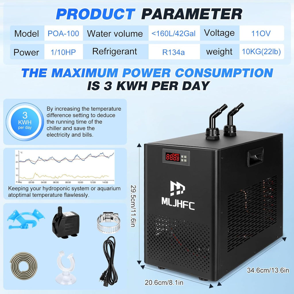 42Gal Aquarium Chiller 1/10 HP 160L Quiet Compressor Refrigeration Hydroponic Cooling System Suitable for Aquariums Salamanders Coral Reefs Jellyfish