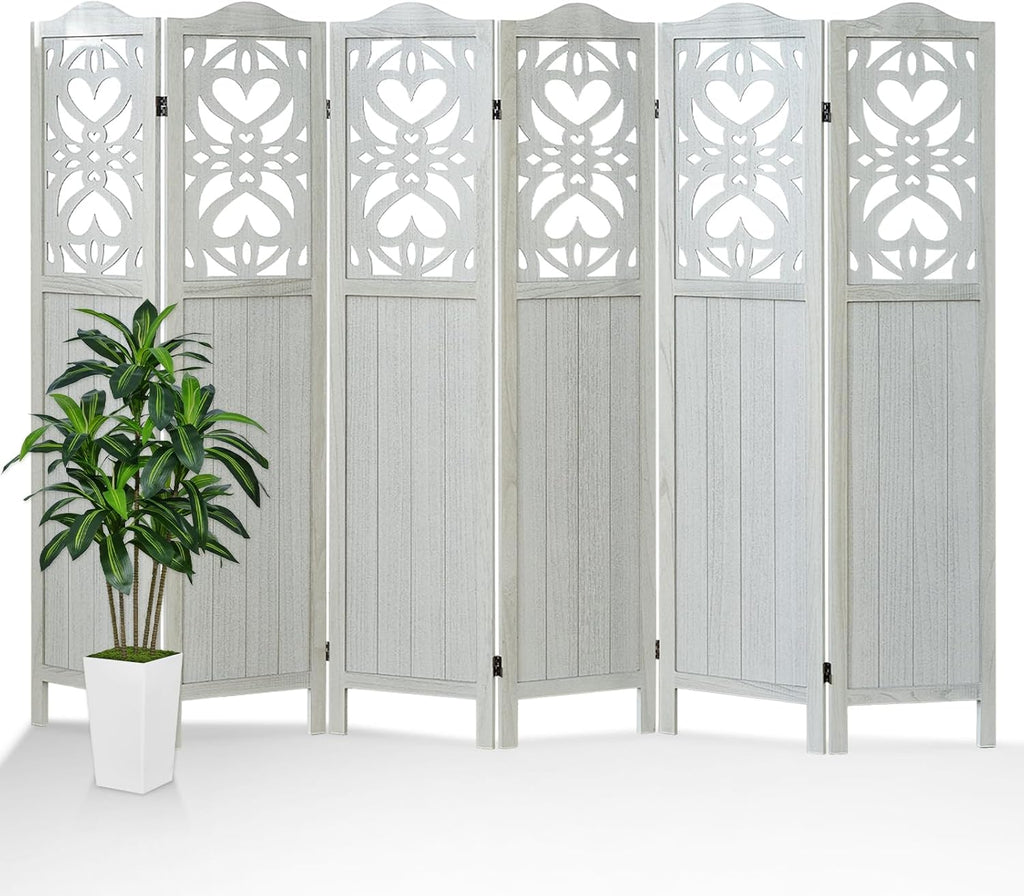 6 Panel Room Divider Wall, 5.6Ft Tall Room Divider Panel and Folding Privacy Screen, Portable Carved Partition Screen, Wall Divider for Room Separation Bedroom Home Office - Light Gray